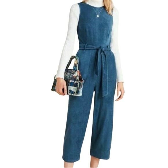 Anthropologie Bishop and Young Jumpsuit  Suede Tie Waist in Blue Size Medium - Picture 1 of 12